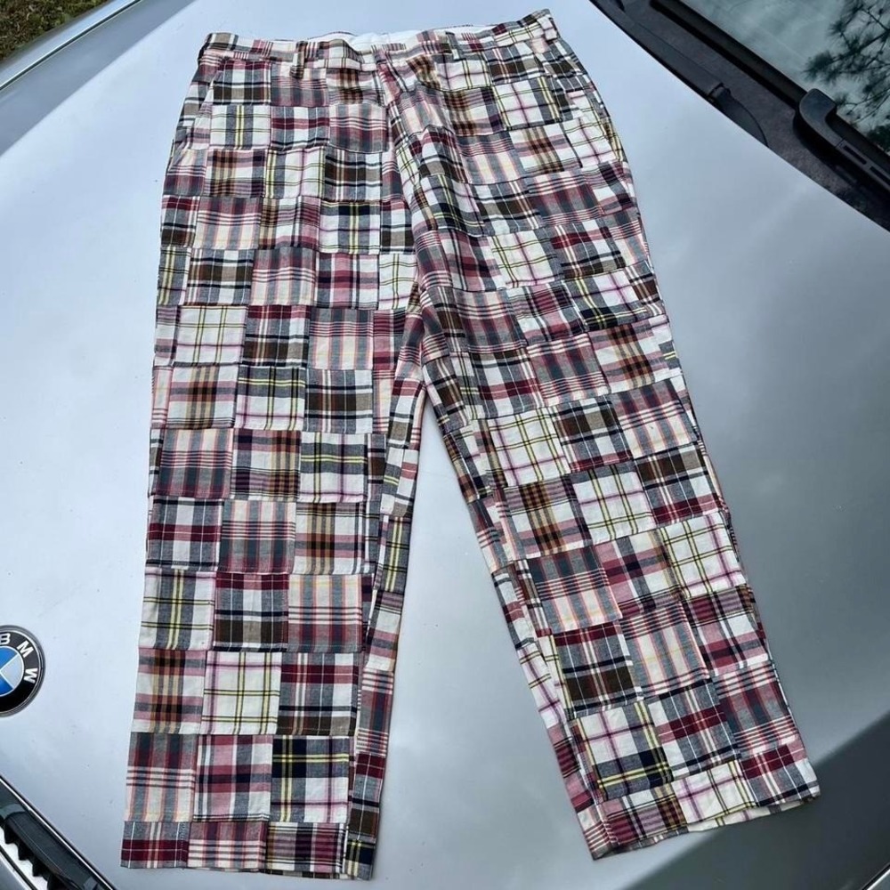 Multi-coloured baggy patchwork plaid trousers
